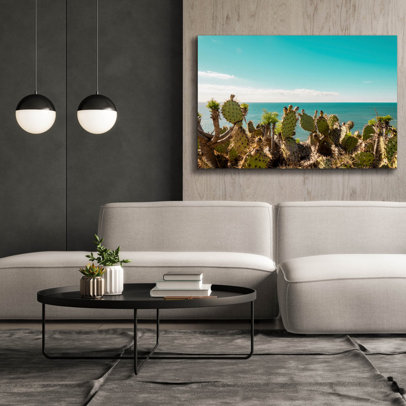 Toile épique «Cactus admirant l'océan» par Elena Chukhlebova, 60 po x 40 po, H 40 po x l 60 po