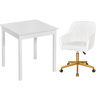 Ensemble de bureau et chaise pour bureau à domicile, bureau d'ordinateur carré blanc avec ensemble de chaises de bureau rembourrées, bureau d'ordinateur personnel et ensemble de chaise de travail pivotant à hauteur réglable, ensemble de fauteuil de coiffeuse en velours / polyuréthane, ensemble de mobilier de poste de travail multi-paquets