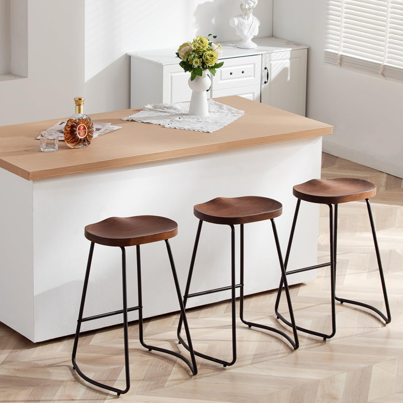 llle Solid Wood Backless Saddle Seat with Footrest Stool Set, Counter Stool (26" Seat Height), 3, Walnut/Black