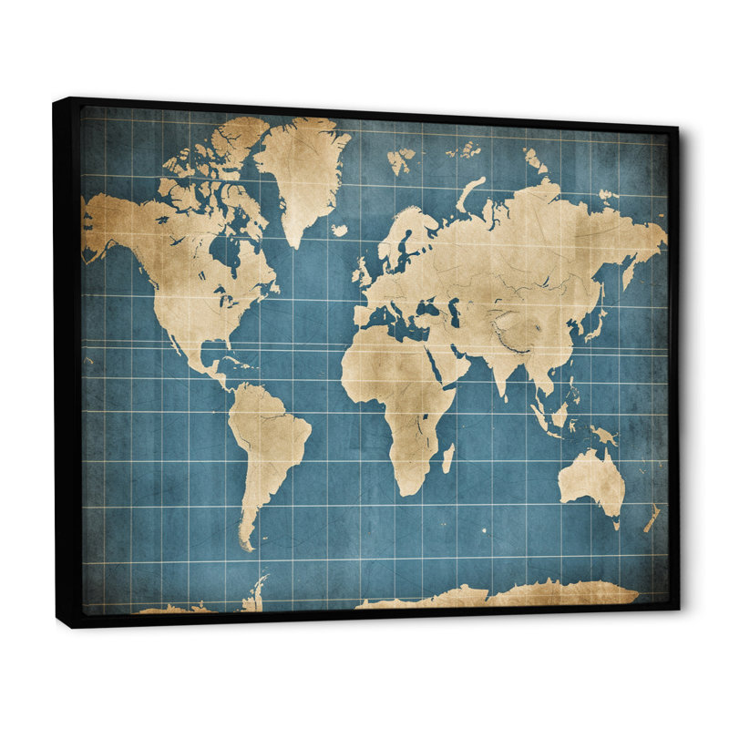 Ancienne carte du monde V, reproduction d'art sur toile, H 24 po x l 32 po, Cadre flottant noir