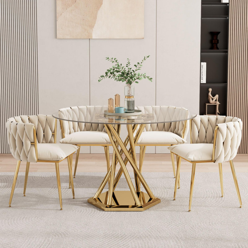 47.2" Round Glass Dining Table, Modern Round Clear Kitchen Table, Tempered Glass with Gloss Stainless Legs Table, for Dining, Kitchen, Small Space