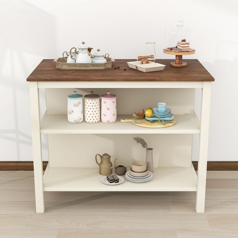  Kamoni Rubber Wood Butcher Block Kitchen Island with Shelves