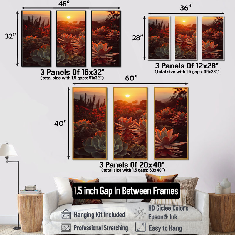«Green» and Red Succulent Cactus Field Sunset II - Succulent Canvas Wall Art, ensemble, H 28 po x l 36 po x P 1 po