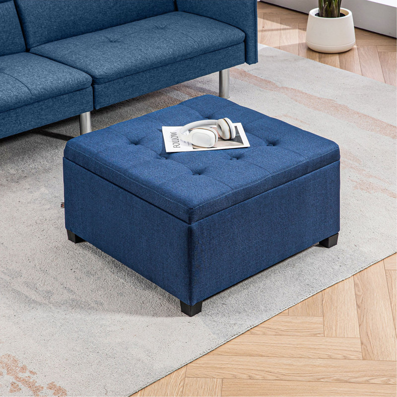 Repose-pieds de rangement capitonné en tissu avec couvercle de siège rabattable, charnière en métal et structure stable en bois d'eucalyptus pour le salon, l'entrée ou la chambre à coucher