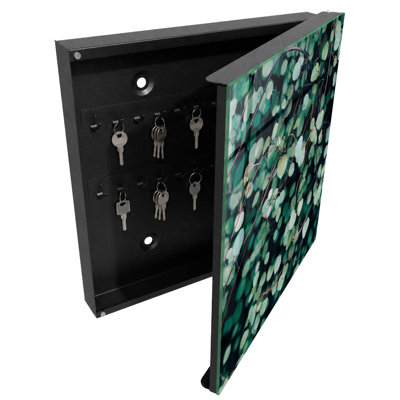 Key cabinet, Opens to the right, 30x30x5, Black, Green leaves create a dense, calming pattern, 