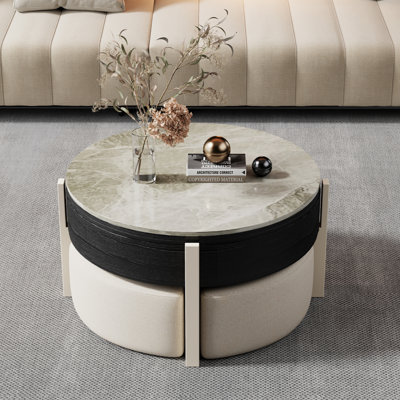 Yvelle 31.5" Faux Marble Round Coffee Table with 4 Hidden Seats for Living Room