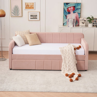 Velvet Upholstered Daybed Frame with Trundle for Bedroom Living Room Guest Room