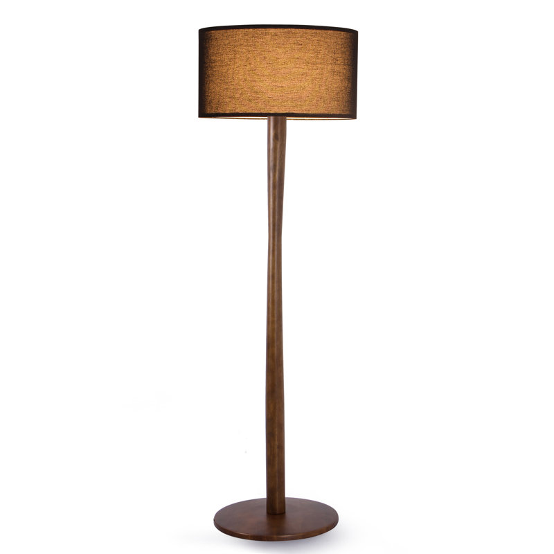Lampe sur pied 1 lumière en noyer 61 po avec structure en bois massif et abat-jour tambour en tissu, Noir, noir, noir, noir