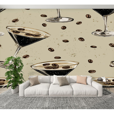 Papier peint pelez et collez les grains de café espresso Martini murales beige H 100 po x l 144 po papier mural amovible auto-adhésif pour le salon de la chambre bureau à domicile