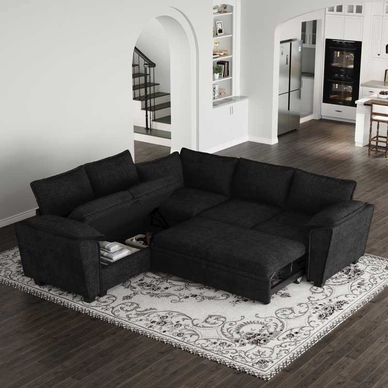 Luna L-Shaped Chenille Small Sofa Livingroom Apartment Storage Seat Sectional Couch Convertible Pull Out Bed Sleeper