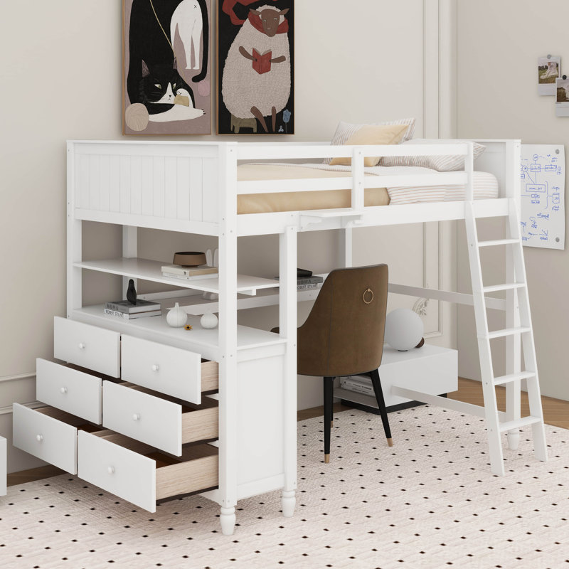 Lit mezzanine double avec bureau et tiroirs, lit mezzanine en bois avec tablettes, Blanc