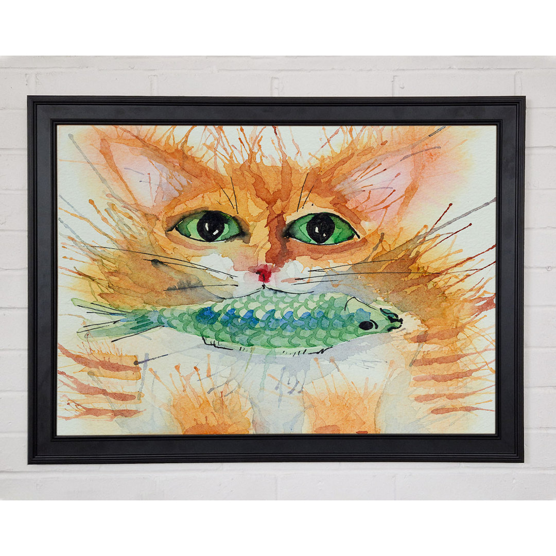 Gerahmtes Wandbild Aquarell Katze mit Fisch