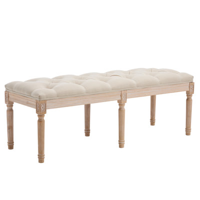 Linwynn 47.2" French Country Linen Upholstered Bench with Carved Wood Legs