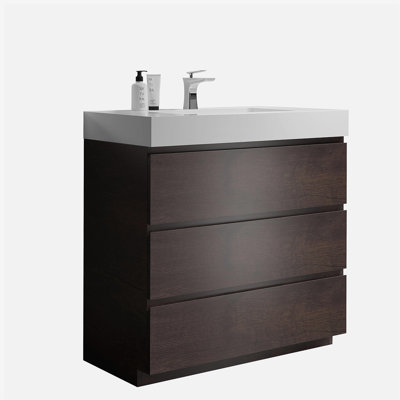 Coiffeuse en noyer avec lavabo, grande coiffeuse indépendante avec rangement, lavabo intégré moderne sans drainage et robinet, pré-assemblé