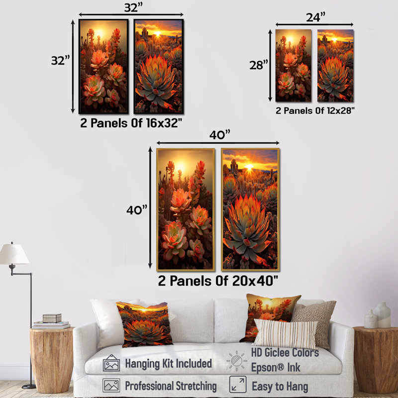 Coucher de soleil vert et rouge sur fond de cactus, H 28 po x l 25 po, Toile tendue