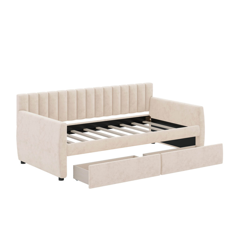 Lit de jour simple tapissier avec tiroirs, Beige