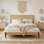 Structure de grand lit en rotin avec tête de lit, lits plateforme grand Boho, tête de lit en rotin tissé naturel, plateforme de support à lattes robuste, aucun sommier nécessaire, rangement sous le lit, silencieux, assemblage facile