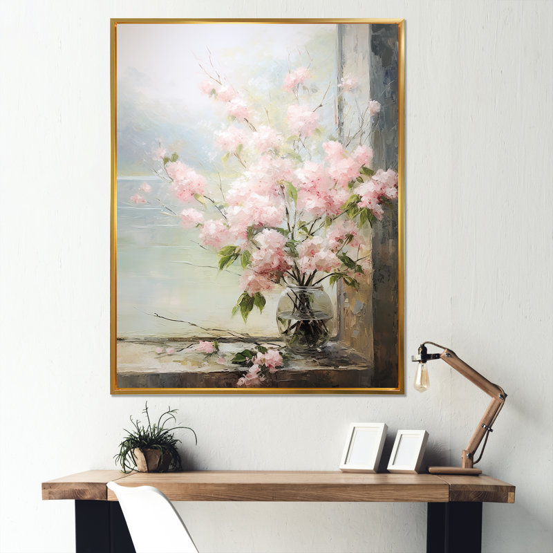 Fleurs de Japon, rebord de fenêtre, art mural Japon, Cadre flottant doré, H 20 po x l 12 po x P 1 po