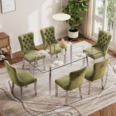 Ensemble de table de salle à manger rectangulaire moderne en verre trempé, table de salle à manger de luxe avec chaise de salle à manger en velours capitonné
