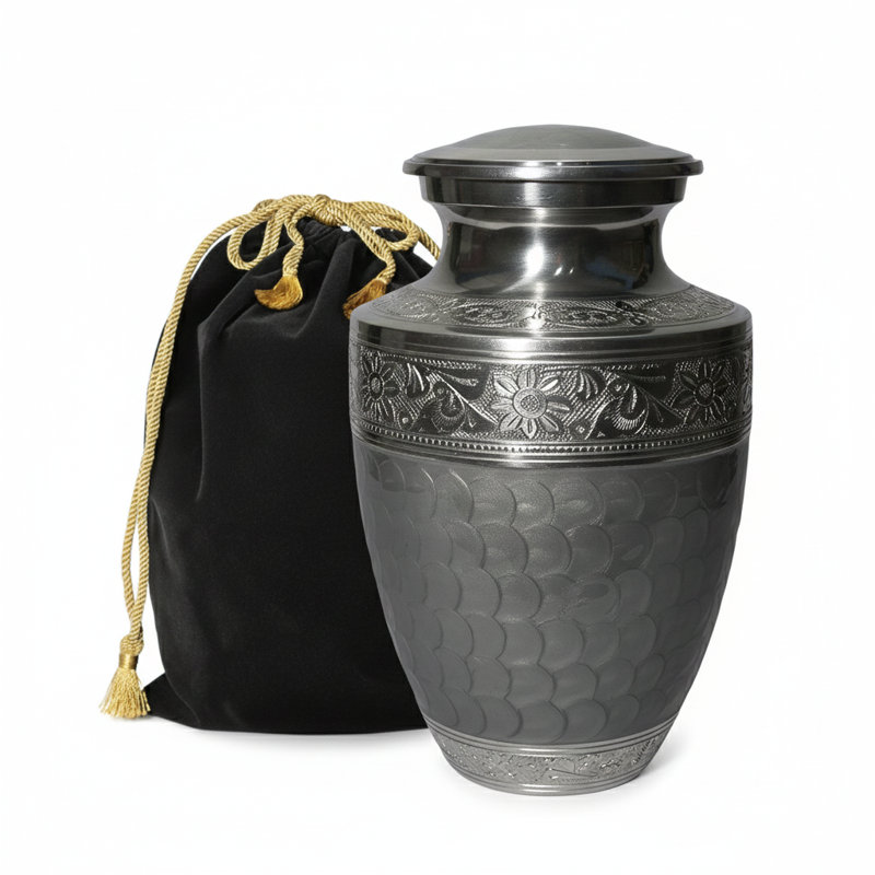 Engraved Memorial Urn With Textured, Gray