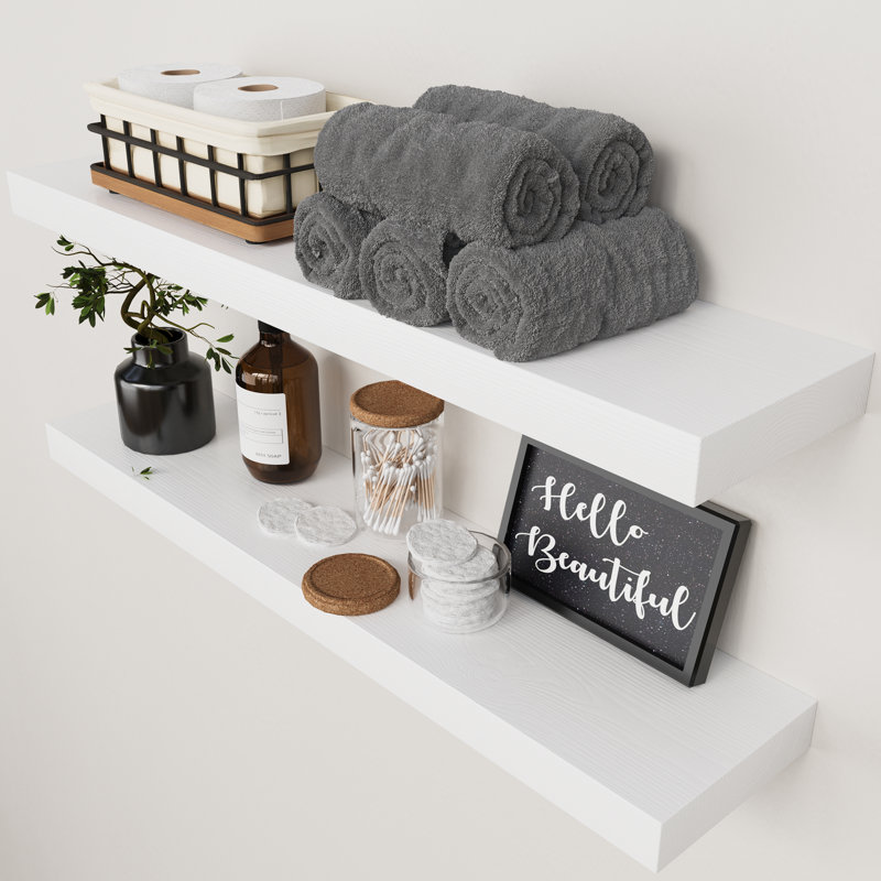 Solid Wood Floating Shelves, Wooden Shelves for Wall, White, 1.5" H x 30" W x 6.7" D