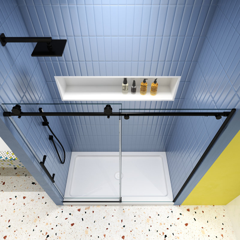 Porte de douche coulissante à fermeture en douceur - verre trempé 5/16 po, noir mat, 56-60 po x 74 po, système attrayant noir lisse et silencieux