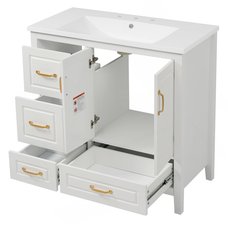 Meuble-lavabo de salle de bain avec lavabo, une armoire avec portes à fermeture en douceur, 4 tiroirs à fermeture en douceur, poignées en métal, 