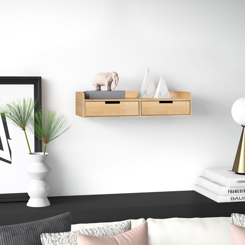Casiano Solid Wood Floating Shelf with Drawer, Natural