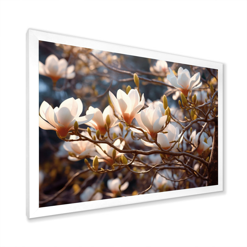 Paysage de magnolia blanc et rose V, H 34 po x l 44 po x P 1,5 po, Cadre photo blanc