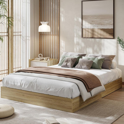 Queen Size Platform Bed Frame Without Headboard, Wood Slat Support