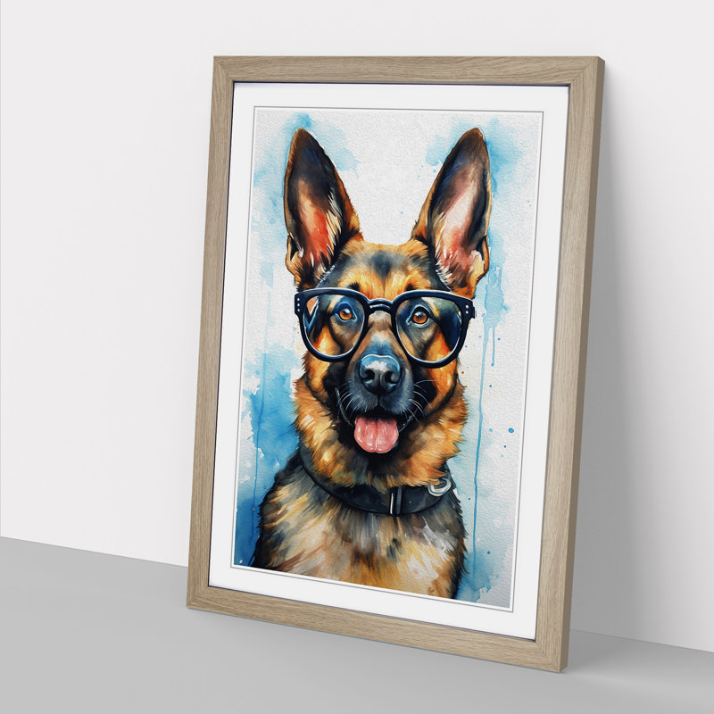 German Shepherd With Glasses - Single Picture Frame Print on Wood, Oak, 64cm H x 46cm W x 2cm D