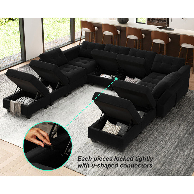 Soneson 116.6'' W Large Upholstered Velvet Movable Modular Sofa Bed with Storage, Black Velvet