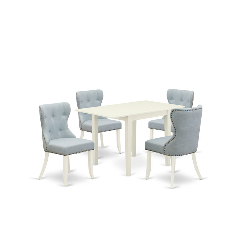 Ensemble de salle à manger 5 pièces comprenant une table de salle à manger rectangulaire avec Dropleaf et 4 chaises de salle à manger Parsons bleu lin, blanc lin