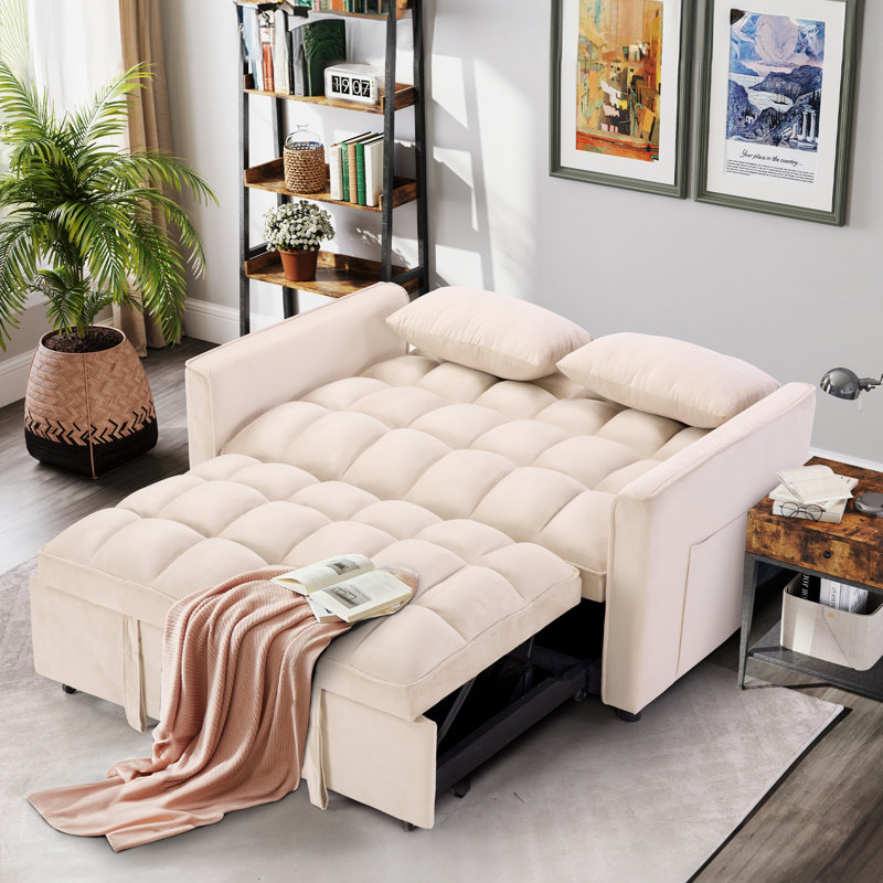 55.2'' Wide Modern Convertible Upholstered Tufted Sofa Bed With Two Accent Pillows, White