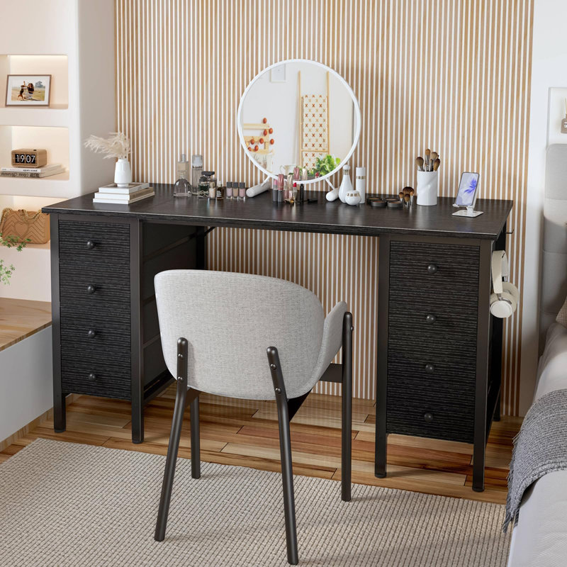 Computer Drawers Desk, Writing Desk With Drawers, Black