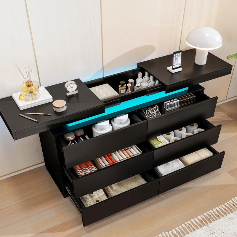 Commode 6 tiroirs, commode noire, commode lumineuse à DEL, rangement dans la chambre à coucher, commode, prise de courant, DEL activée par le mouvement, USB rechargeable, anti-basculement, organisateur de vestibule