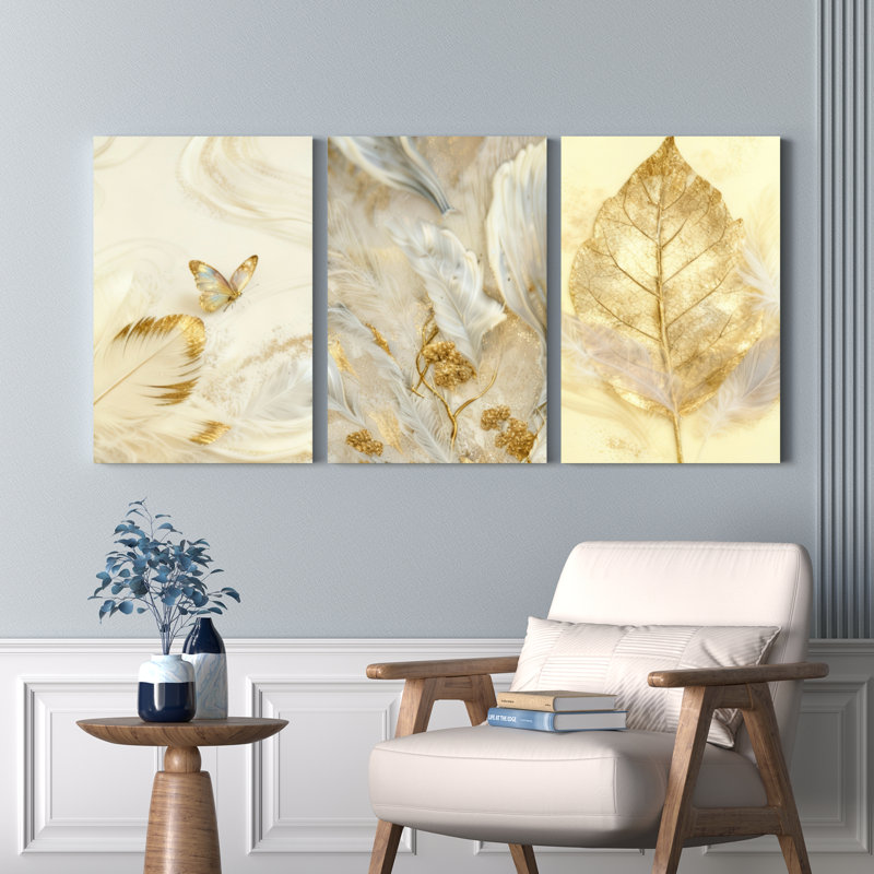 Toile murale abstraite à motif de feuille dorée et de papillon (lot de 3), H 36 po x l 72 po