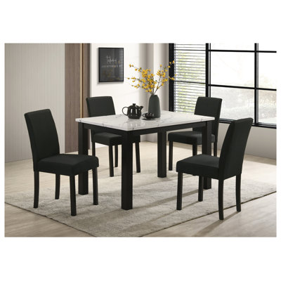 Table de salle à manger rectangulaire avec plateau en faux marbre blanc et base en bois noir, sièges 4
