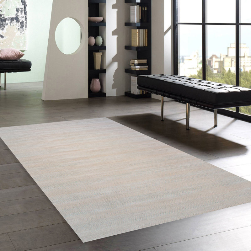 Hand-Knotted Wool/Silk Area Rug, Rectangle 12' x 15', Beige/Aqua 