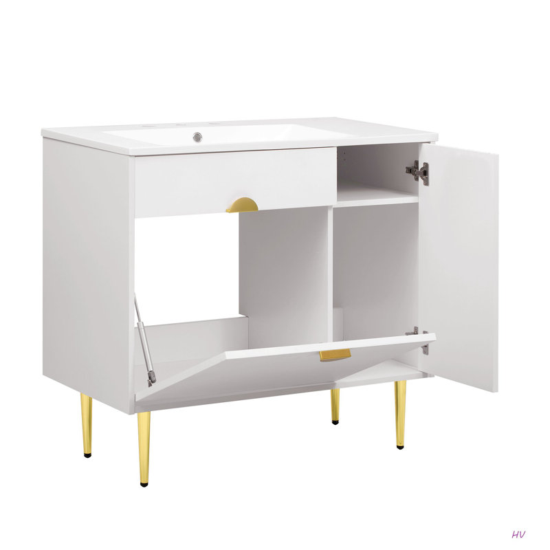 Meuble-lavabo de 36 po avec lavabo en résine, meuble-lavabo moderne, armoire de rangement avec porte à fermeture en douceur et porte rabattable