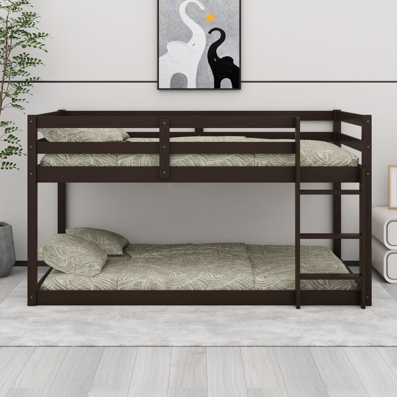 Solid Rubber Wooden Floor Bunk Bed With Ladder And Strengthened Slats, Espresso