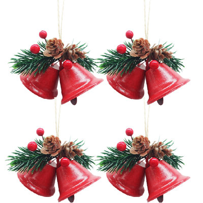 4‑Pack Red Christmas Jingle Bell Hanging Ornaments with Pinecone, Pine Sprigs & Red Berries for Xmas Tree Holiday Decor