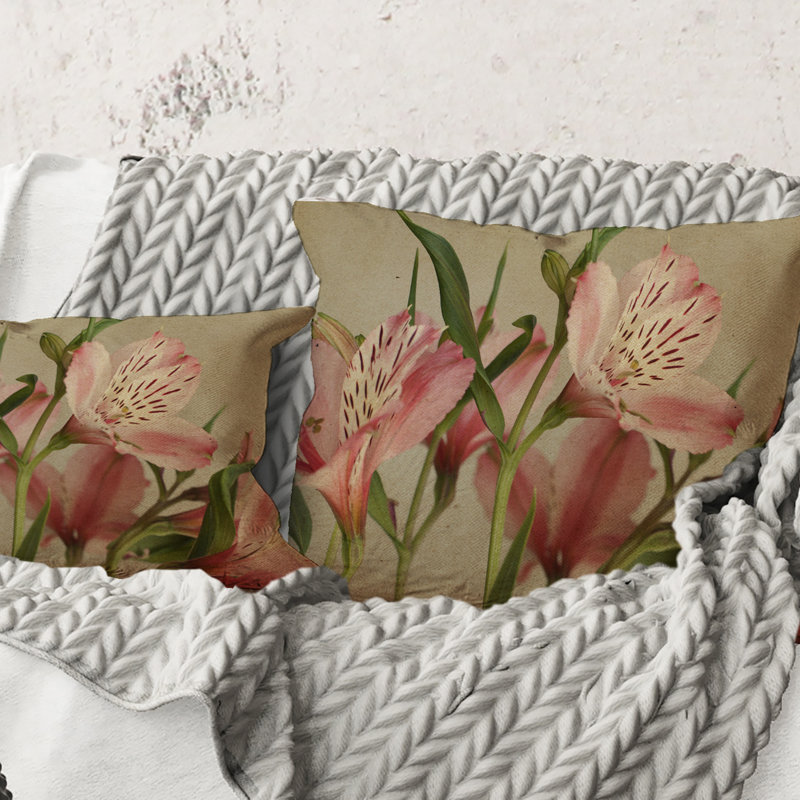 Carré, rétro Alstroemeria Flower - Coussin décoratif à imprimé traditionnel, 16" x 16"