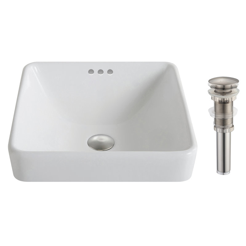 White Ceramic Square Semi-Recessed Vessel Sink with Overflow