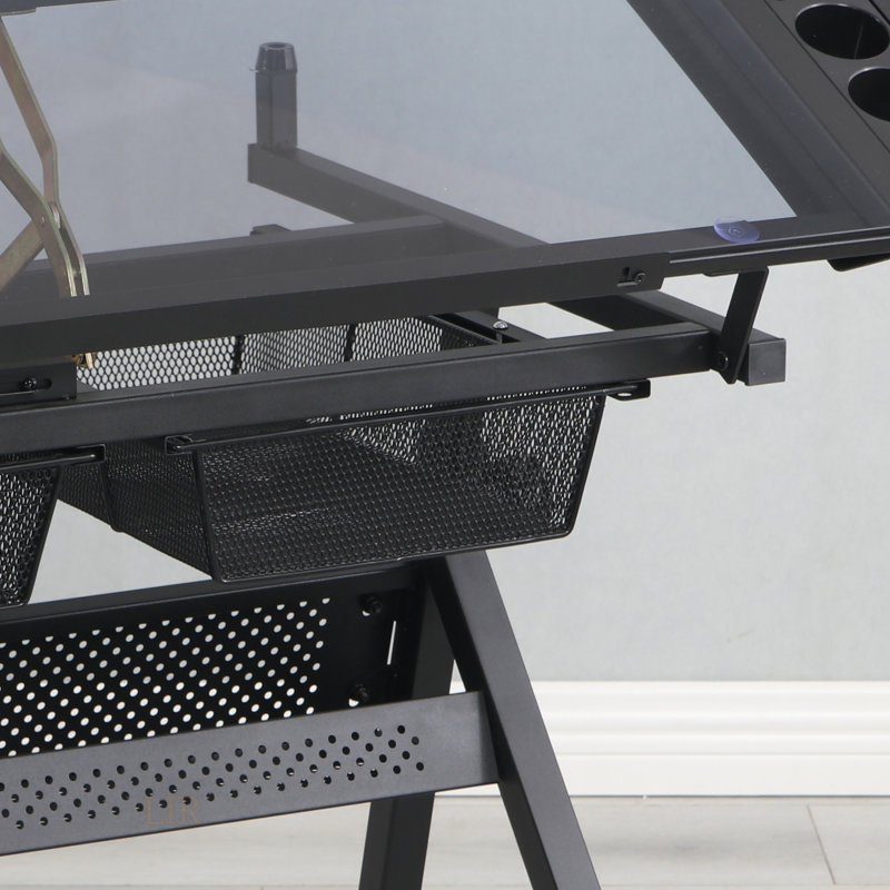 Table à dessin réglable en verre trempé avec chaise et rangement, parfaite pour la maison et le bureau, Noir
