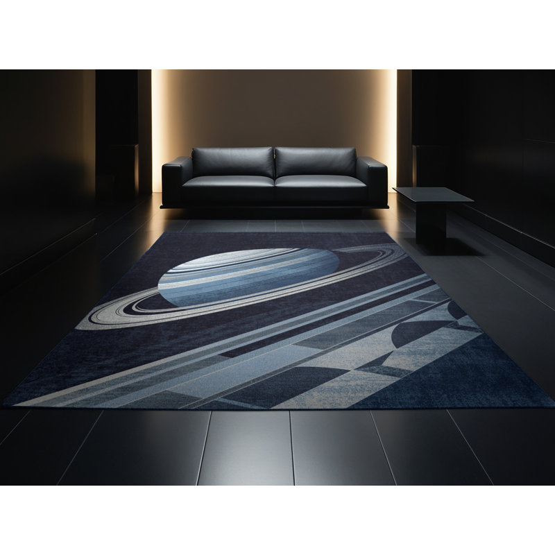 Machine Washable Orlene Modern & Contemporary Abstract Rug in Gray – Navy Binding, 8 x 10
