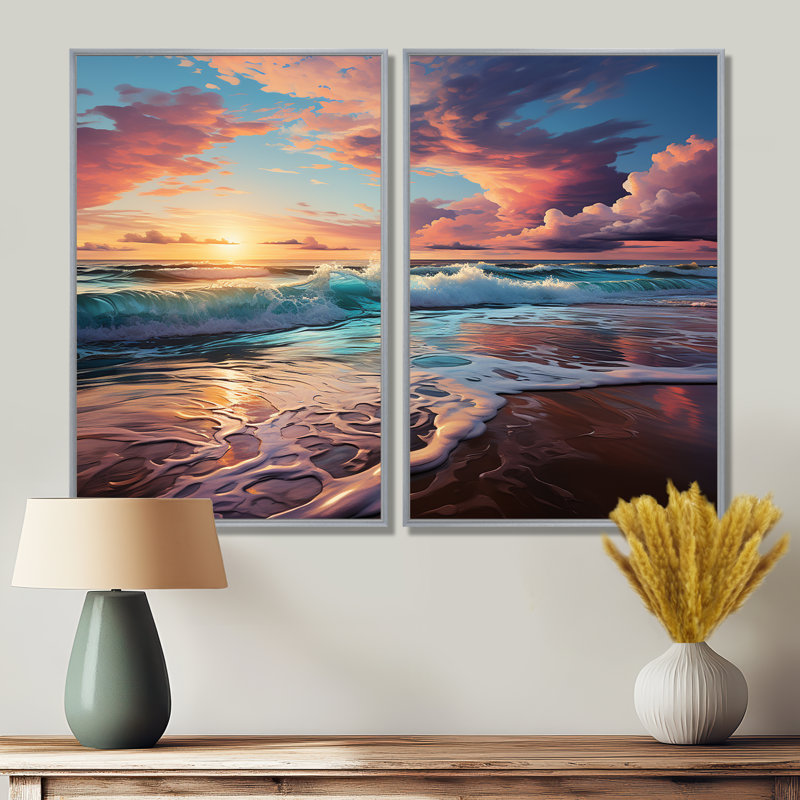 Coucher de soleil horizon II - art mural sur toile côtier 2 panneaux, H 36 po x l 48 po, Argent argent