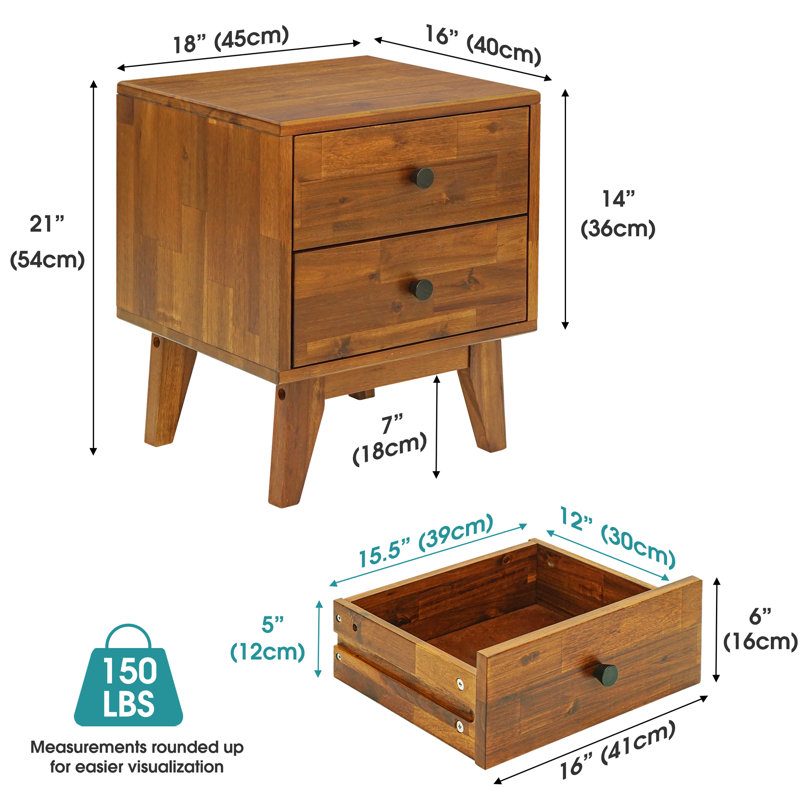 Table de chevet en bois massif à 2 tiroirs Acacia Silvia, Caramel