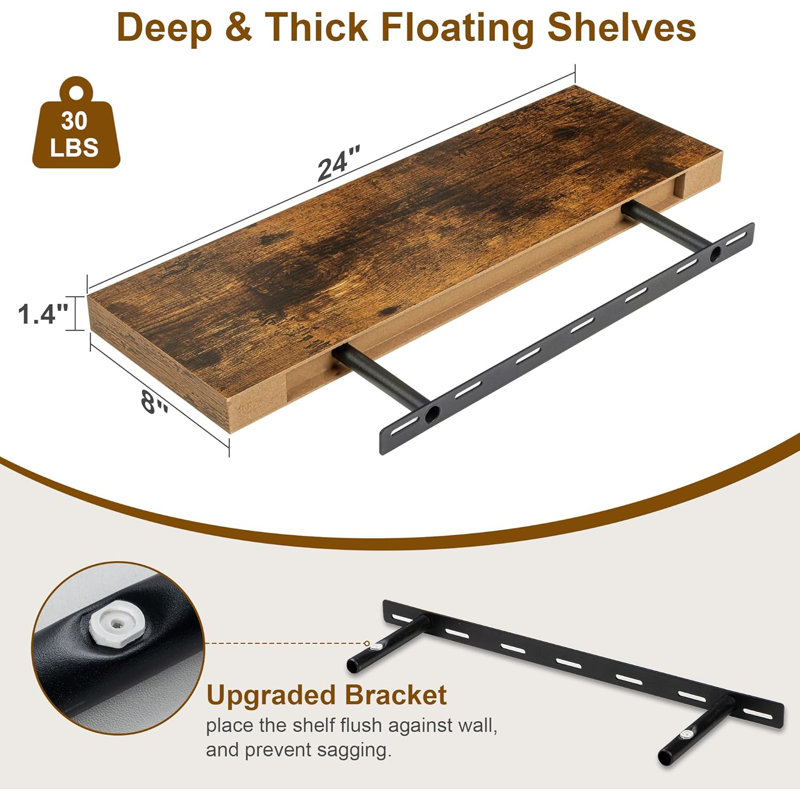 Farmhouse Deep Engineered Wood Floating Wall Shelves Hidden Bracket Home Storage Shelf
