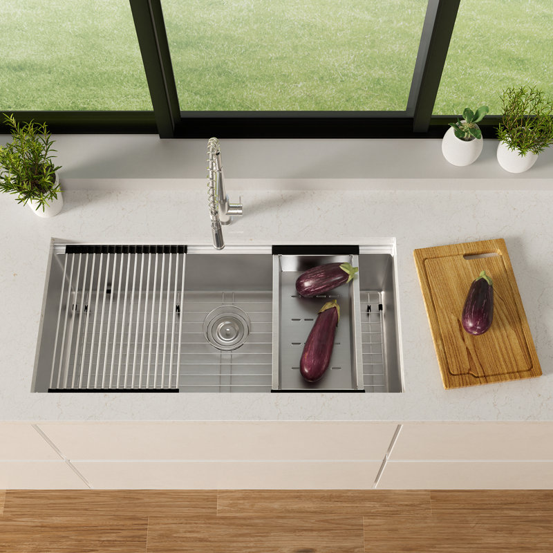 36 In. Undermount Deep Single Bowl 16 Gauge Workstation Kitchen Sink Stainless Steel With Integrated Ledge & Accessories
